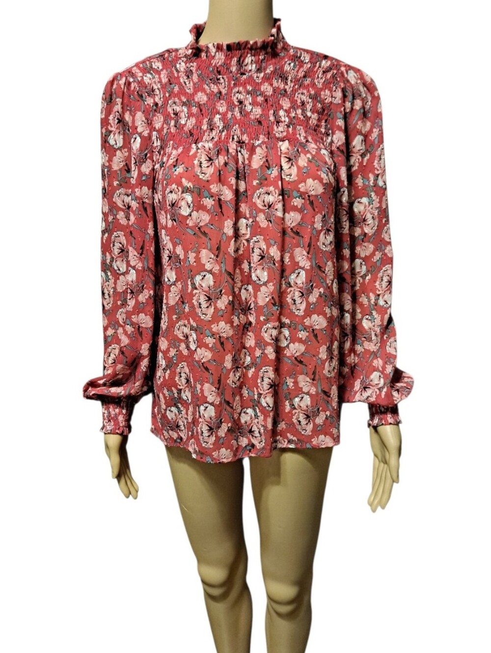 Rachel Zoe Red Floral Smocked Neck Long Ballon Sleeve Blouse